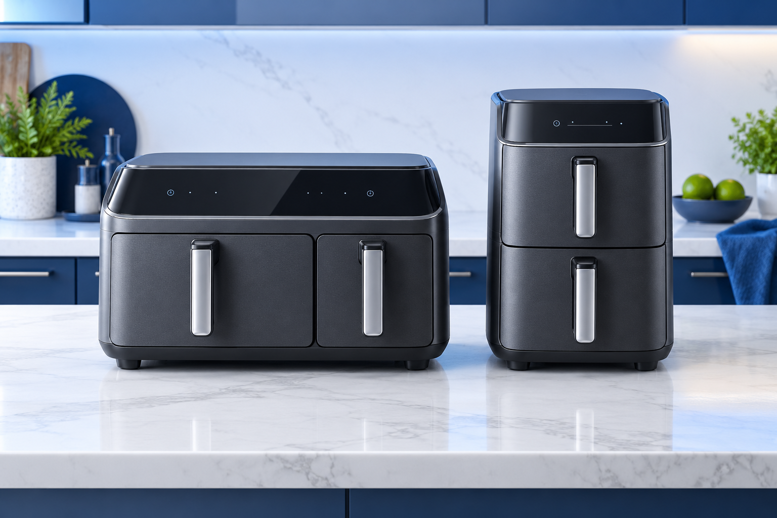 Editorial illustration comparing a wide dual air fryer with unequal drawers and a narrow air fryer with two stacked drawers