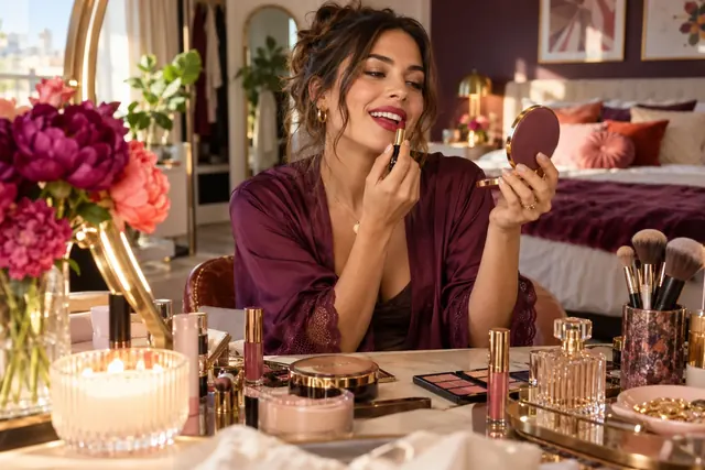 Illustrative makeup routine in a bright bathroom.